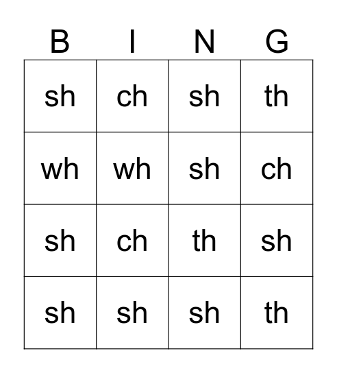 Consonant Digraphs    Bingo Card