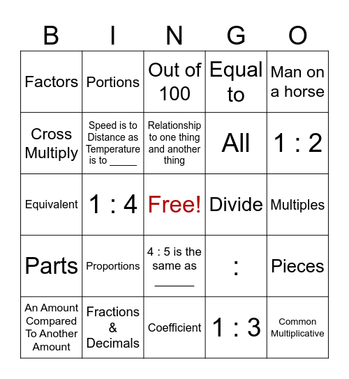 Bingo - Proportions Bingo Card