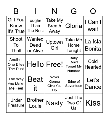 80s Honorable Mentions Bingo Card