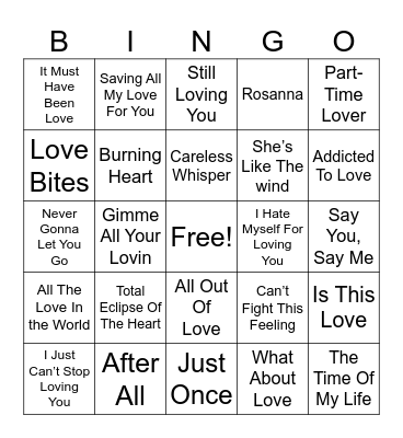 80's Love Songs Bingo Card