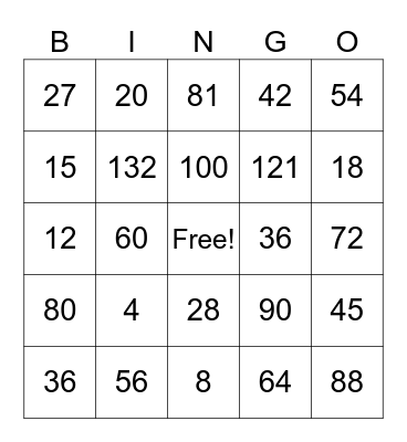 Math Facts Bingo Card