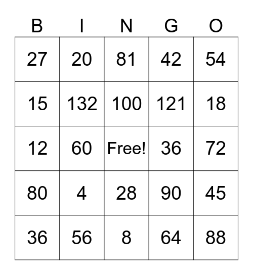 Math Facts Bingo Card