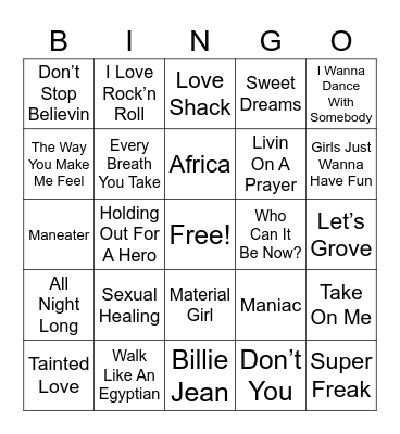 80s POP Bingo Card