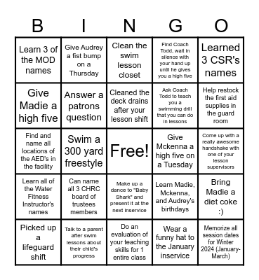 Instructor Bingo! Bingo Card