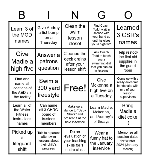 Instructor Bingo! Bingo Card