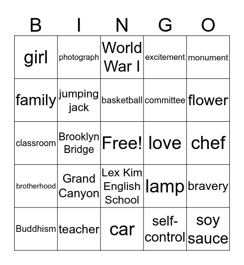 Nouns Bingo Card