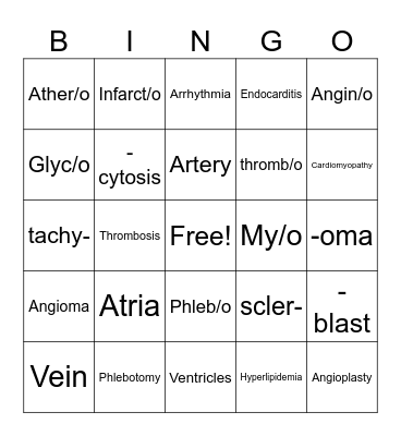 Cardiovascular System Bingo Card