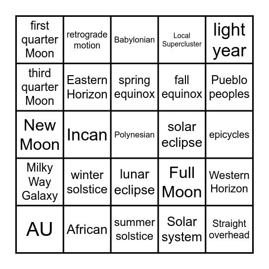 Astro-Bingo, Round 1! Bingo Card