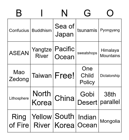 Asia Bingo Card