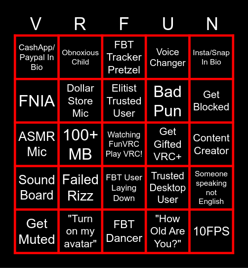 FunVRC VRChat Bingo! Bingo Card