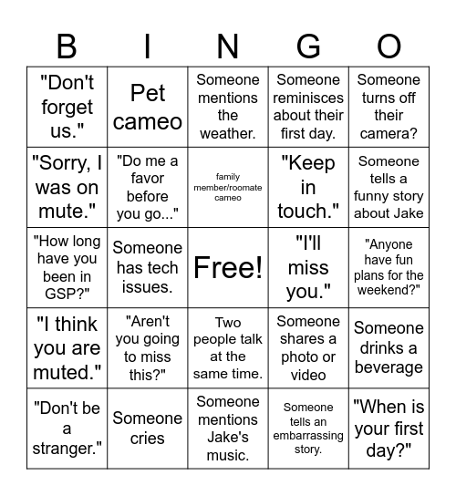 Jake's Farewell Bingo Card