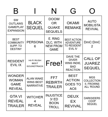 VGAs 2023 BINGO Card