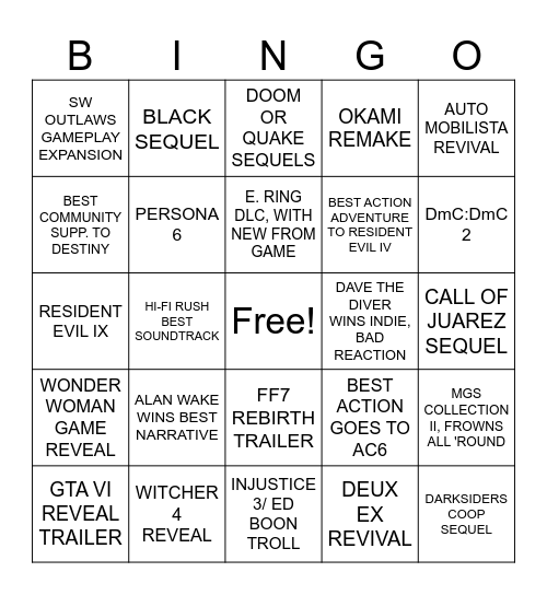 VGAs 2023 BINGO Card