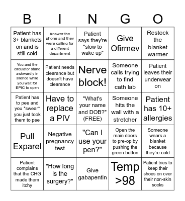 Pre Op Bingo Card