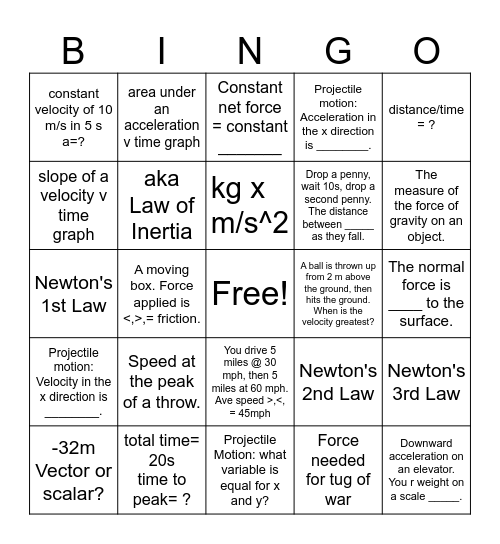 Physics Concepts: Fall Final Bingo Card