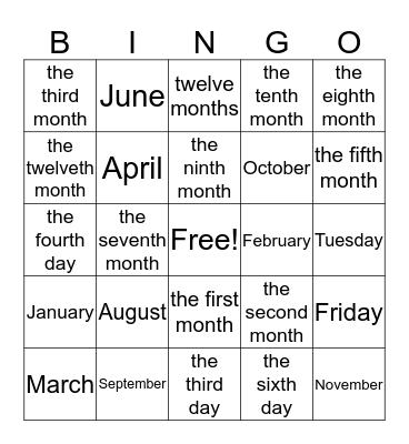 The ordinal number Bingo Card