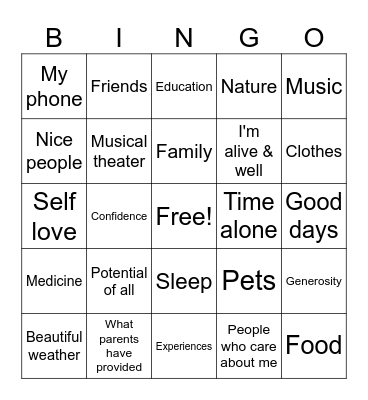 Gratitude Bingo! Bingo Card