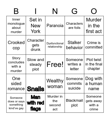 Patricia Highsmith Story Bingo Card