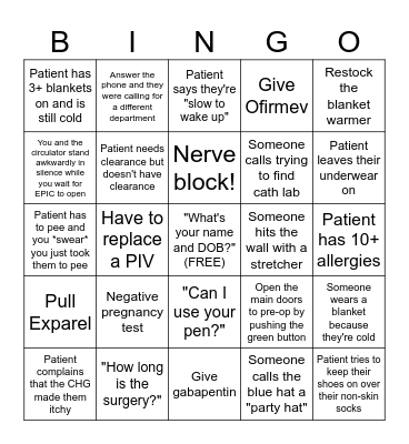 Pre Op Bingo Card