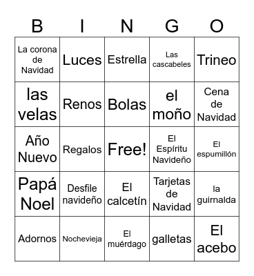 Expat Kids Christmas Spanish Vocab Bingo Card