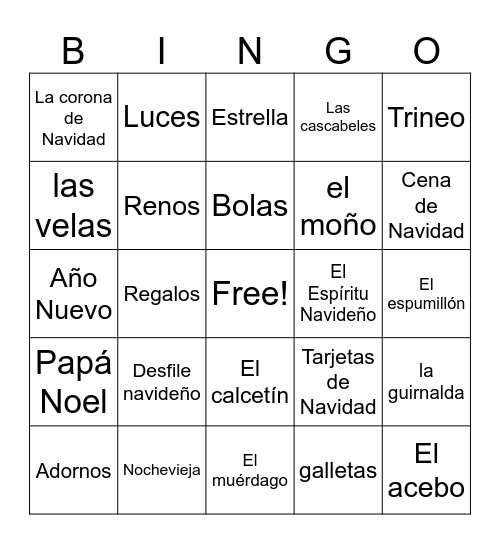 Expat Kids Christmas Spanish Vocab Bingo Card
