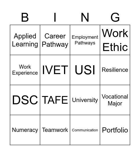 Pre Vocational Bingo Card