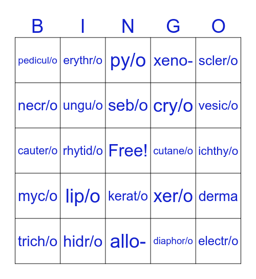 Integumentary System Combining Forms Bingo Card