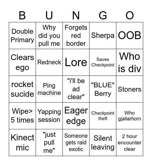 BUNGO Bingo Card