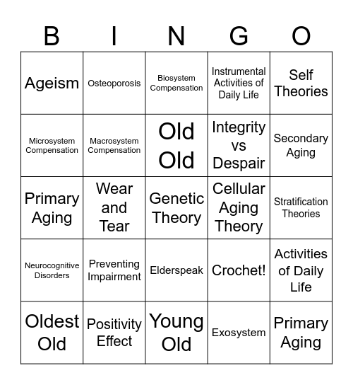 Dev Psych Late Adulthood Fall2023 Bingo Card