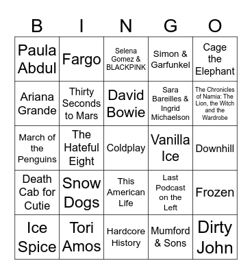 Podcasts, Snowy Movies, & Cold Songs Bingo Card