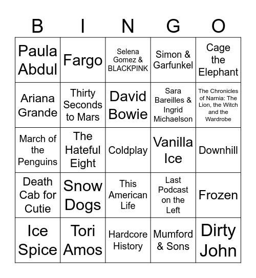 Podcasts, Snowy Movies, & Cold Songs Bingo Card