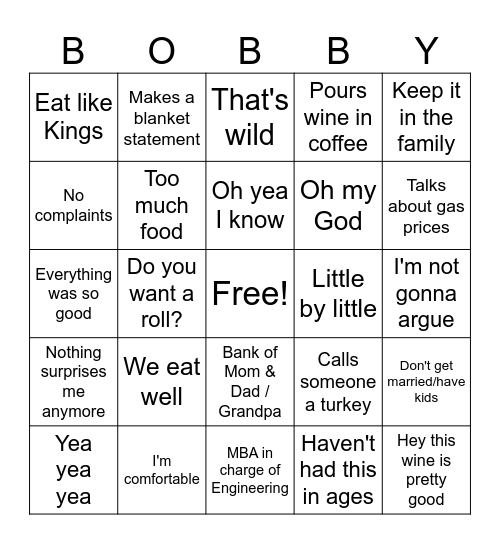 ITS BOBBY BINGO! Bingo Card