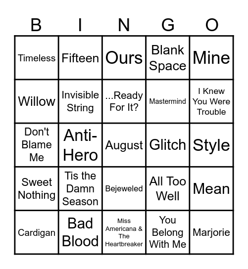 Swifties Bingo Card