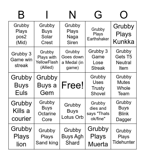 Grubby DOTA2 Stream BINGO Card