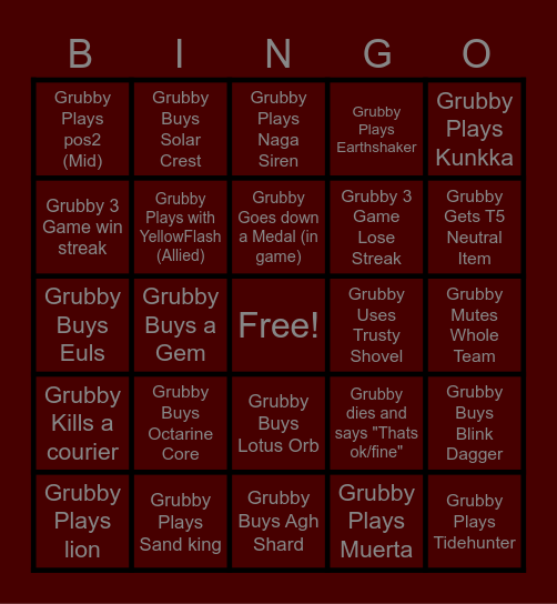 Grubby DOTA2 Stream XMAS BINGO Card