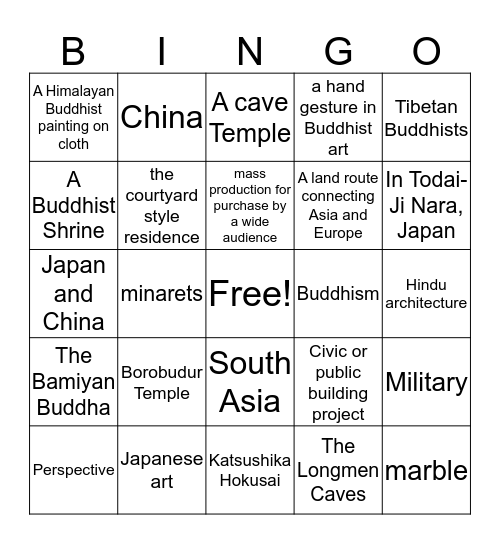 South, East, and Southeast Asia Bingo Card