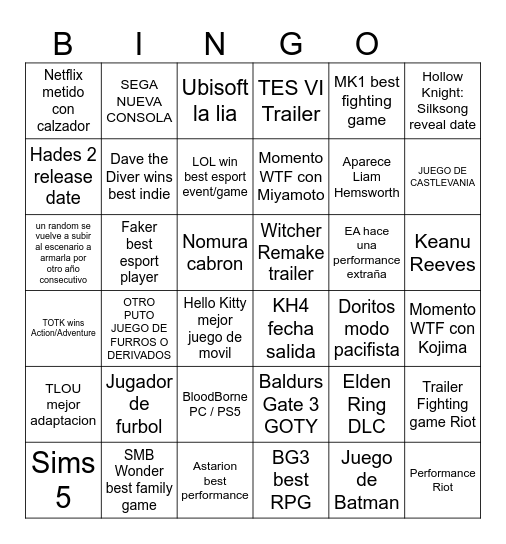 The Game Awards 2023 Bingo Card