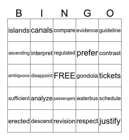 Vocabulary  Bingo Card