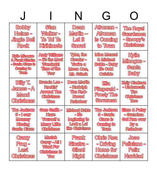 Bevin Xmas JINGO! Bingo Card