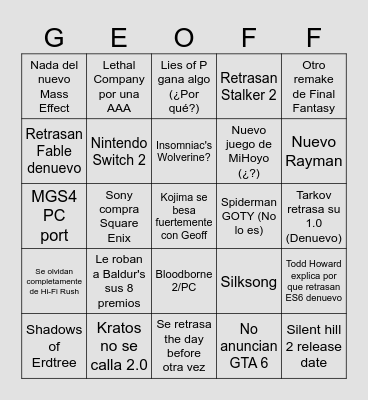 TGA 2023 Bingo Card