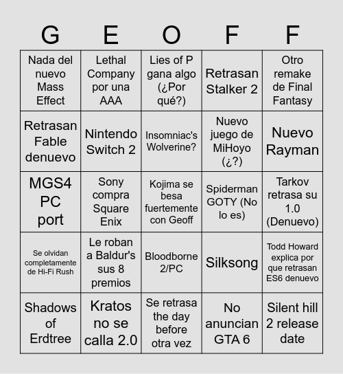 TGA 2023 Bingo Card