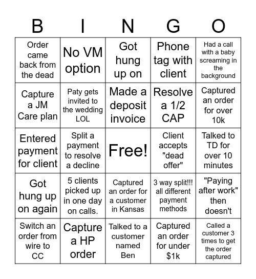 Payment Support Bingo Card
