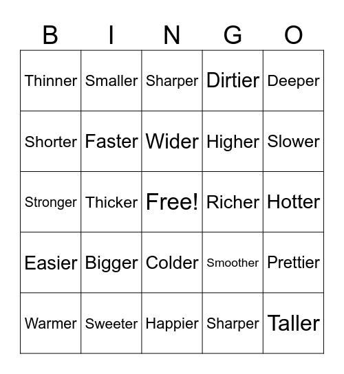 Comparatives Bingo Card
