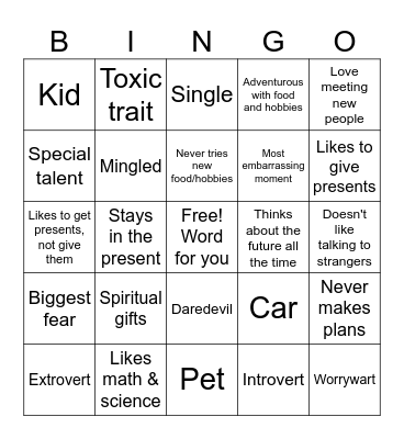 Personality Bingo Card