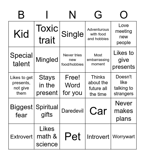 Personality Bingo Card