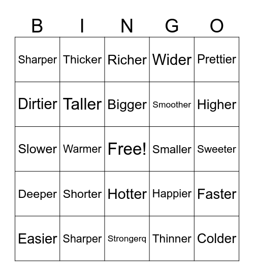 Comparatives Bingo Card