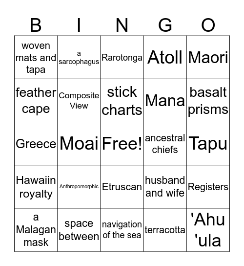 South Pacific Bingo Card