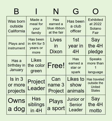 Get To Know You Solano 4H Bingo Card