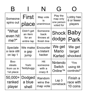 Mario Kart 8 DX Bingo Card