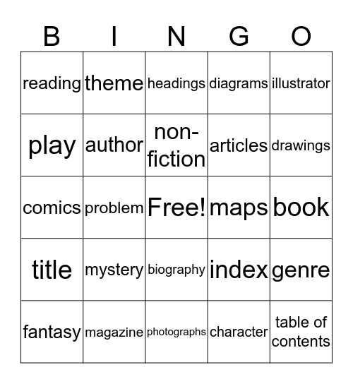 Reading Night  Bingo Card